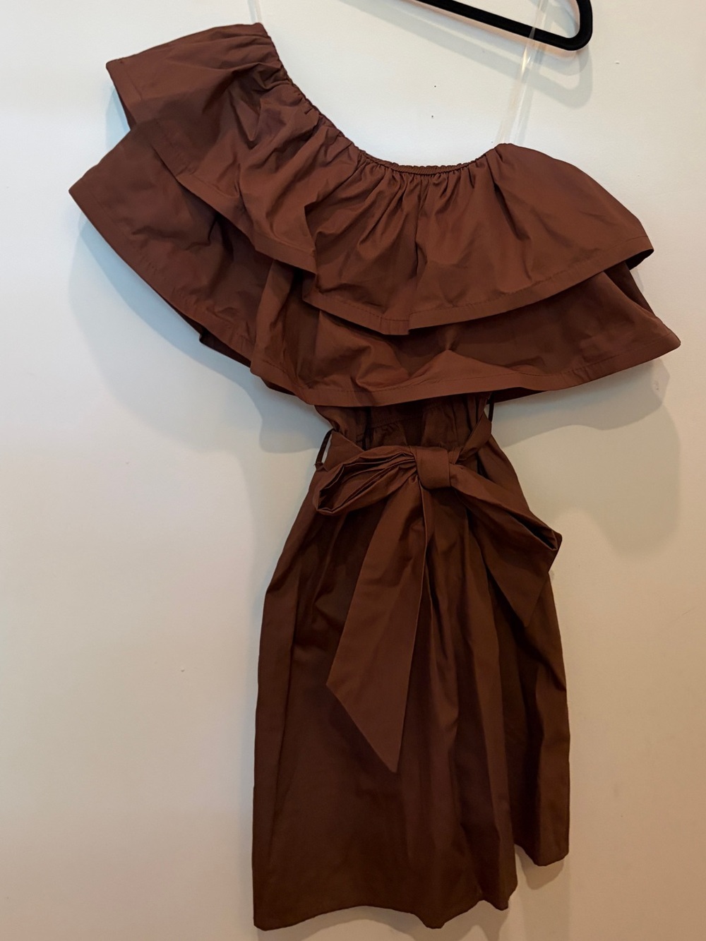‘Tensione In’ (Spanish brand!) Brown One-Shoulder Ruffle Waist-Tie Dress